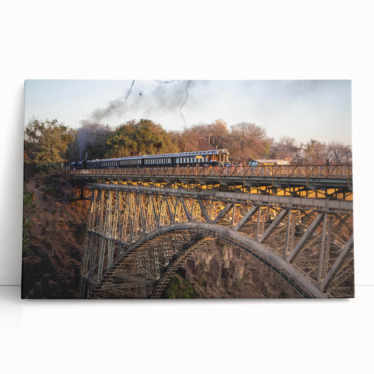 Stretched canvas wall art depicting a serene landscape with railroads and vibrant colors, ideal for home decor. Perfect for adding a touch of nature-inspired design.