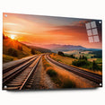 Acrylic glass wall art piece showcasing a vibrant railroad landscape design, displayed from the side with visible mounting pins, perfect for modern decor enthusiasts.