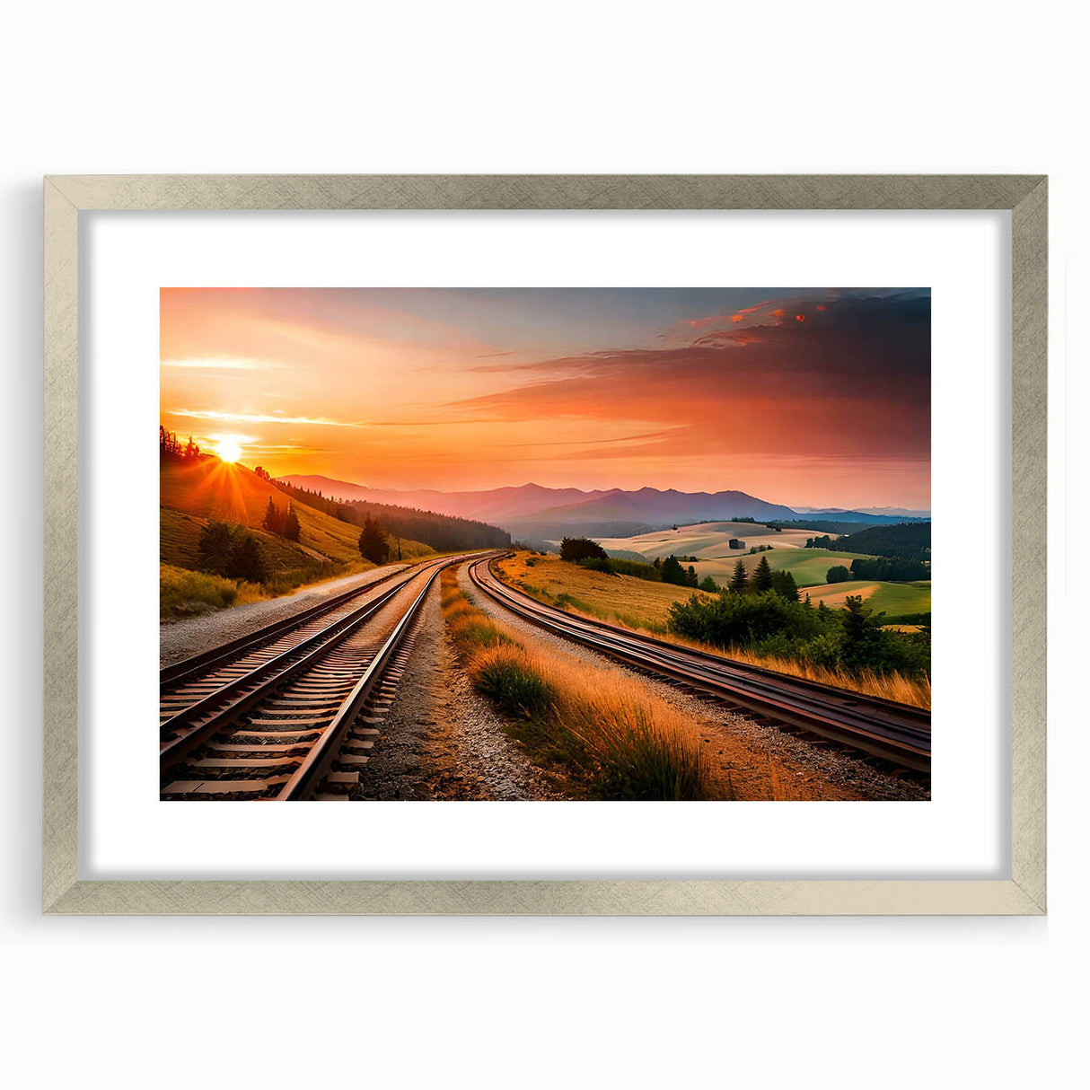 Framed silver wall art collection showcasing intricate railroad landscapes, designed to enhance modern decor with a stylish mat finish. Perfect for art enthusiasts.