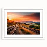 Framed wall art collection showcasing a serene landscape with railroad tracks, featuring a white mat and modern frame, perfect for home decor.