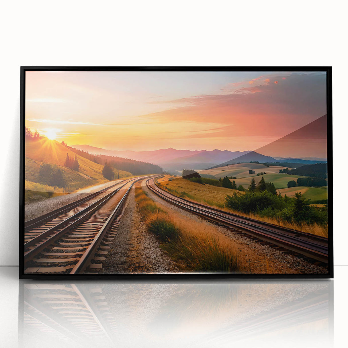 Framed acrylic wall art showcasing a stunning landscape of railroads, featuring a sleek black border and vibrant colors, ideal for modern home decor.