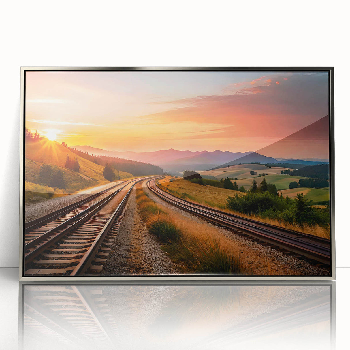 Framed wall art collection showcasing a vibrant railroad landscape design with silver accents, perfect for adding a modern touch to home decor.