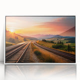 Framed wall art collection showcasing three unique railroad landscape designs in vibrant colors, displayed against a sleek white background, ideal for home decor.