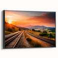 Framed canvas wall art collection depicting serene landscapes and railroads, featuring a black frame and side view, perfect for enhancing home decor.