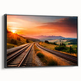 Framed canvas wall art collection depicting serene landscapes and railroads, featuring a black frame and side view, perfect for enhancing home decor.