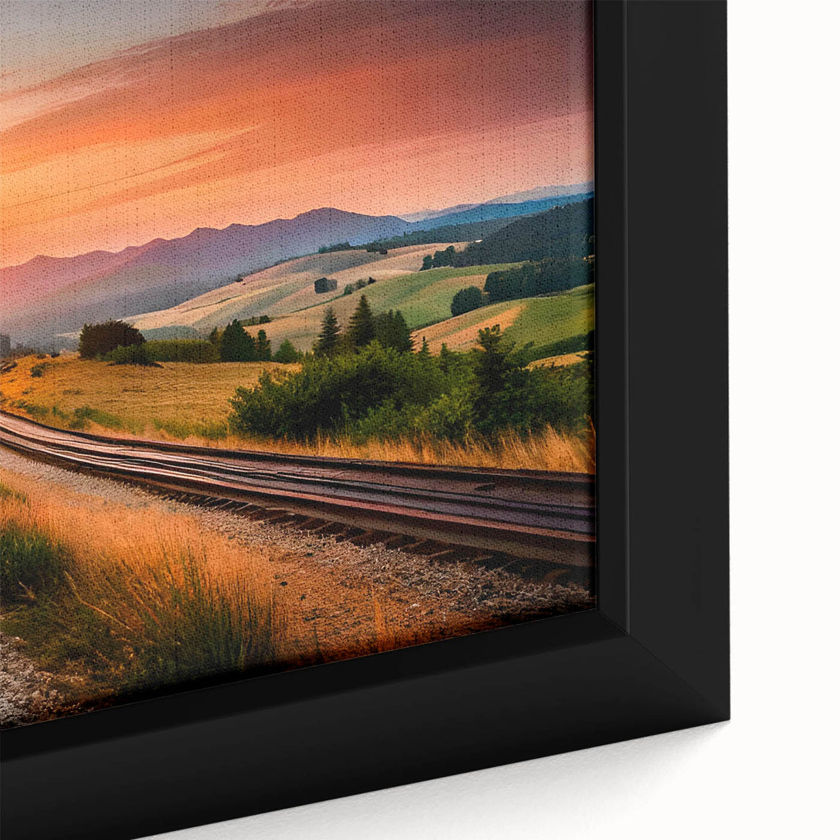 Framed canvas artwork showcasing a close-up of a serene railroad landscape design, featuring rich colors and intricate details, perfect for home decor enthusiasts.