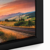 Framed canvas artwork showcasing a close-up of a serene railroad landscape design, featuring rich colors and intricate details, perfect for home decor enthusiasts.