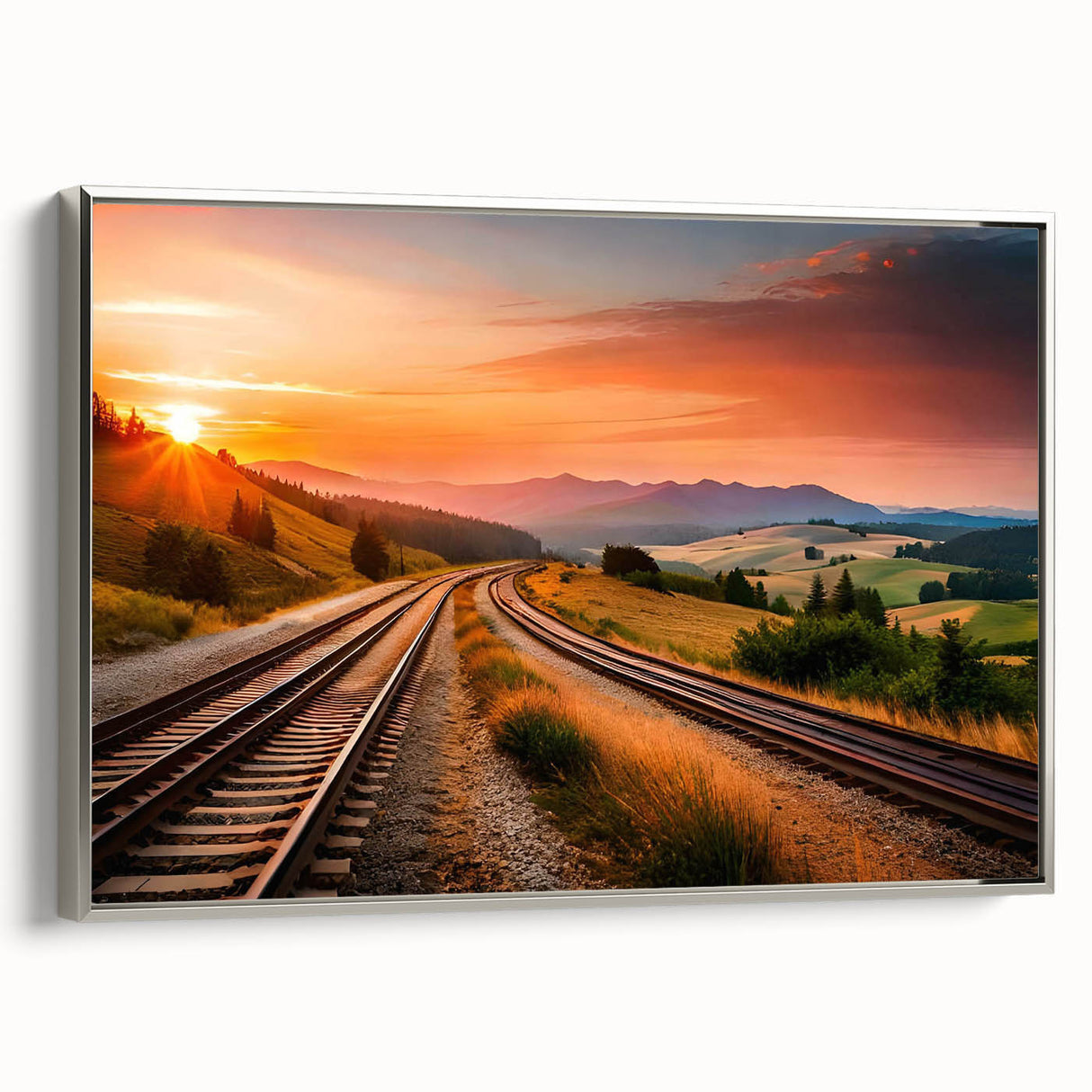 Framed canvas wall art collection showcasing a serene landscape with railroads, featuring a silver frame and a side view perspective for an elegant home decor accent.