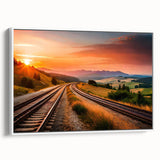 Framed canvas wall art collection showcasing a vibrant landscape and railroad design, presented in a sleek white frame, ideal for modern home decor.