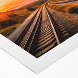 Rolled canvas artwork showcasing a vibrant landscape design with intricate railroad motifs, perfect for home decor and artistic display in any setting.