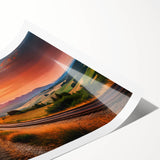 Vibrant rolled print of a railroad landscape design, showcasing intricate details and bold colors, ideal for enhancing home decor or office spaces.