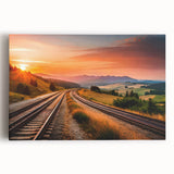 Stretched canvas wall art collection showcasing vibrant landscape and railroad designs, perfect for home decor, with rich colors and detailed textures.