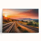 Stretched canvas art collection showcasing three vibrant landscapes featuring railroad themes, perfect for adding color and character to modern interiors.