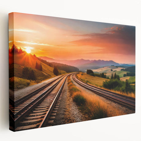 Stretched canvas wall art collection showcasing three vibrant landscapes with railroad themes, featuring rich colors and intricate details, ideal for home decor.