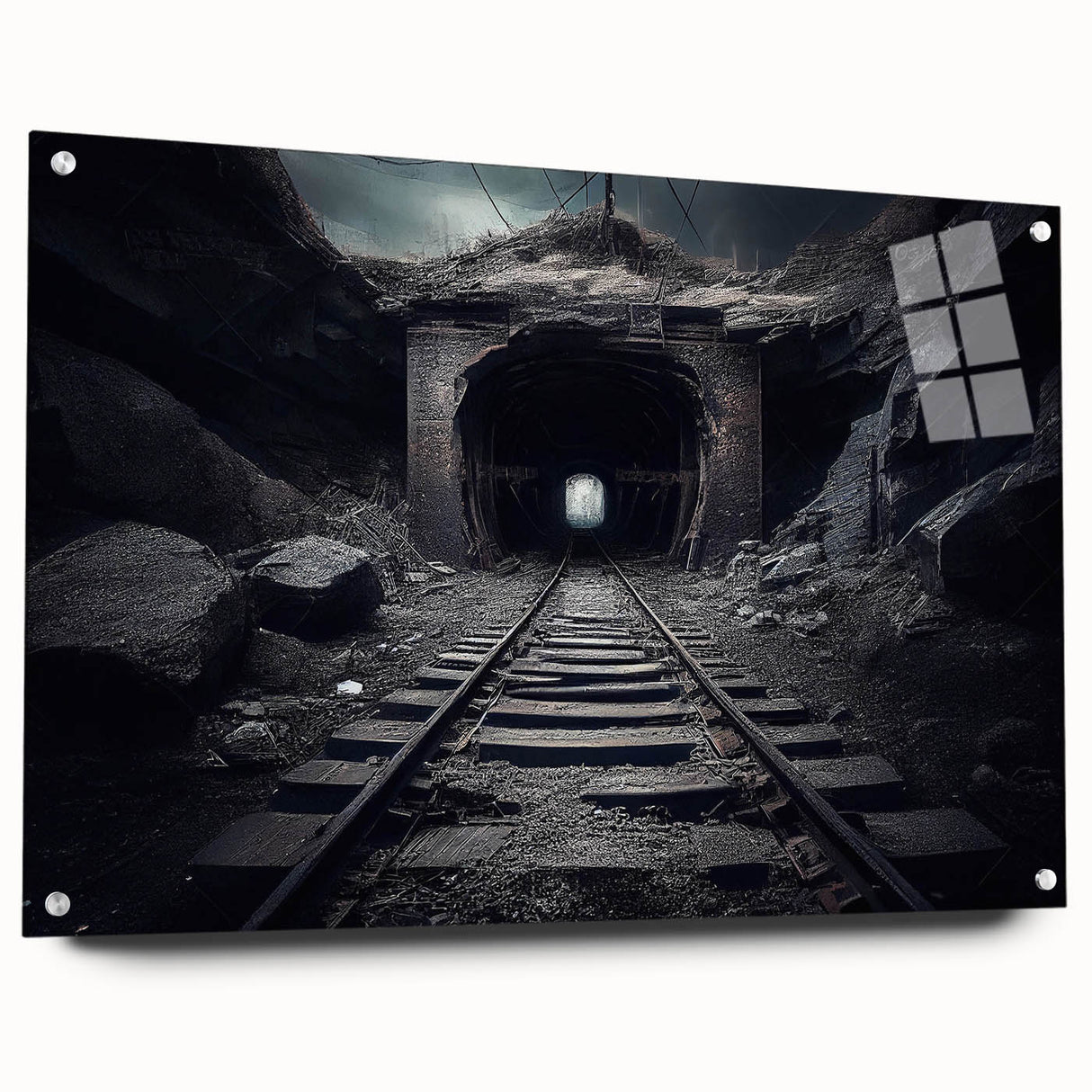 Acrylic wall art collection showcasing a vibrant landscape featuring railroads, designed in a modern style, with a side view display highlighting the unique pin mounting.