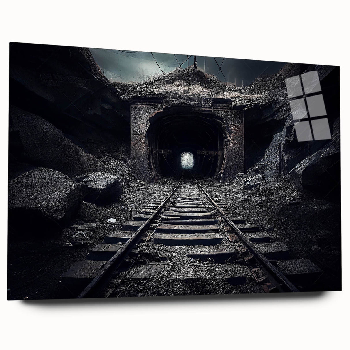 Elegant landscape railroad wall art collection displayed in a sleek acrylic glass frame, showcasing vibrant colors and intricate designs, ideal for home decor.