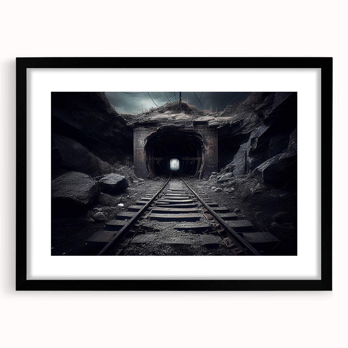 Framed wall art collection showcasing a scenic railroad landscape design, featuring a sleek black frame and mat, perfect for home decor enthusiasts.