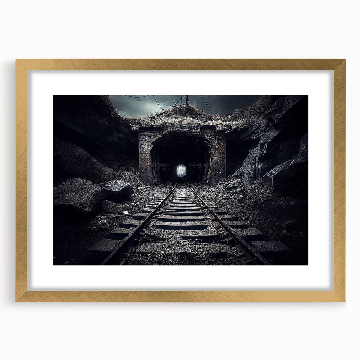 Gold-framed wall art collection showcasing a serene landscape with railroads, featuring a stylish mat design, perfect for enhancing home decor with elegance.