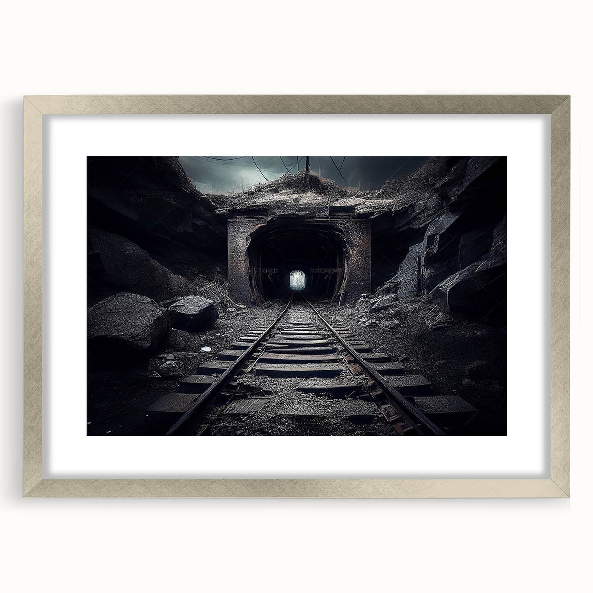 Framed wall art collection showcasing a scenic railroad landscape with vibrant colors, featuring a sleek silver frame and a white mat for an elegant presentation.