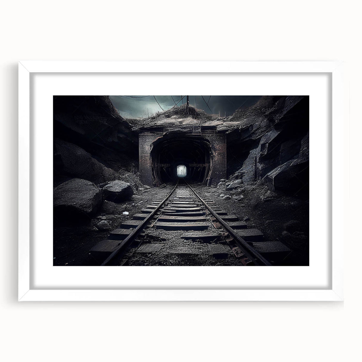 Framed wall art collection showcasing landscapes and railroads, featuring a white mat and sleek frame. Ideal for enhancing home or office decor with a touch of nature.