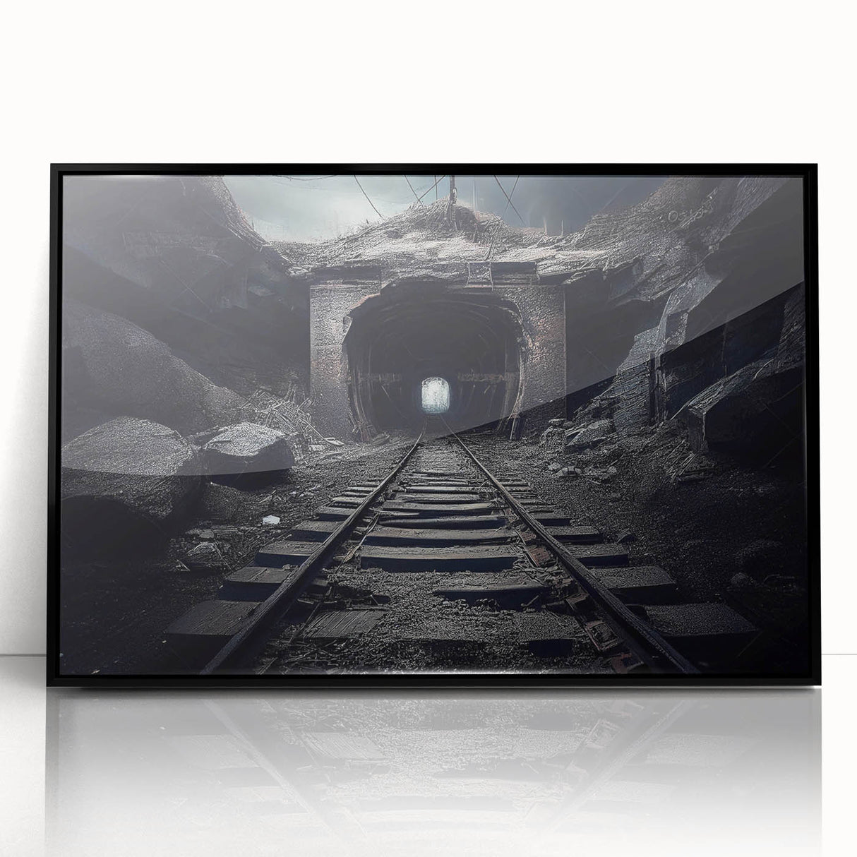 Framed acrylic wall art collection featuring a scenic railroad landscape design with vibrant colors, showcasing a black frame and elegant presentation for home decor.