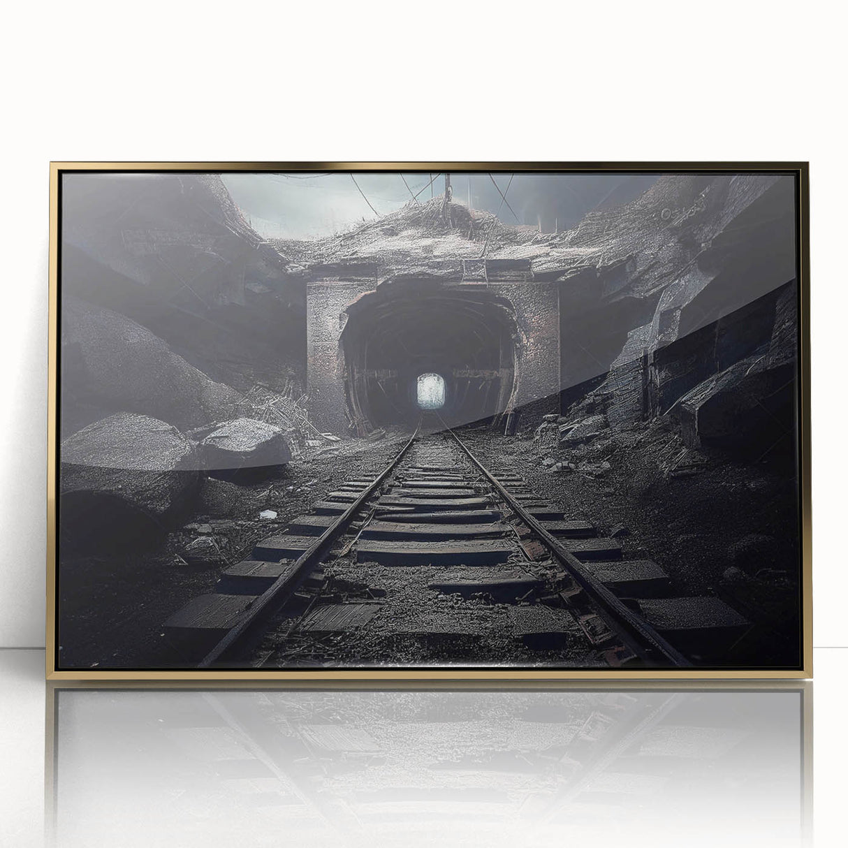Framed wall art collection showcasing a vibrant landscape design featuring railroads and scenic views, highlighted by a gold-acrylic front. Perfect for modern decor.