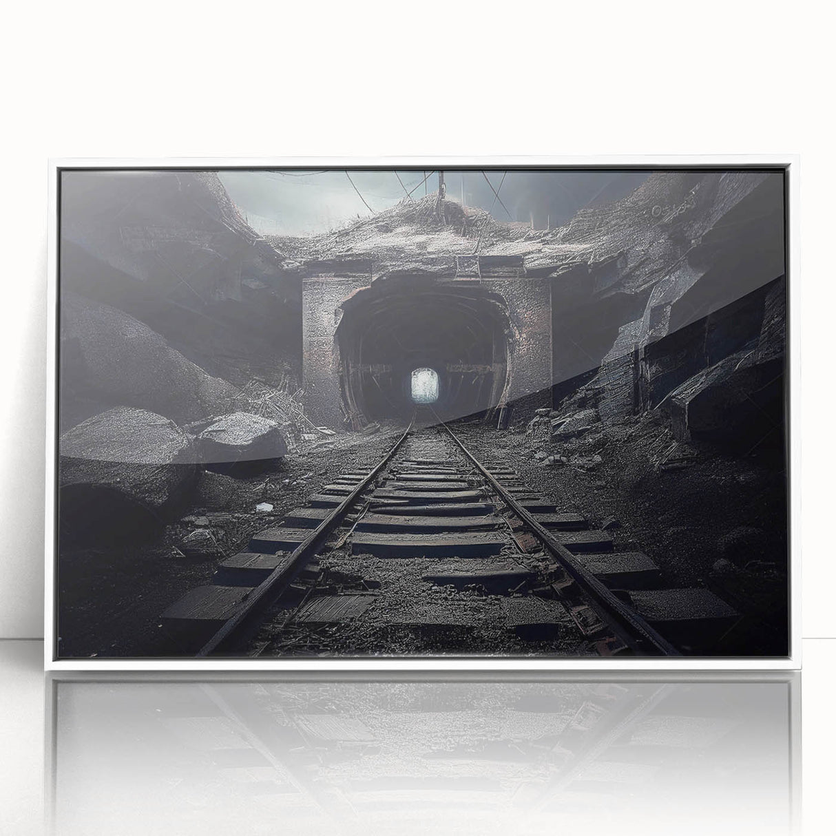 Framed acrylic wall art featuring a vibrant landscape with railroads, showcasing a white frame and a modern design, perfect for home or office decor.