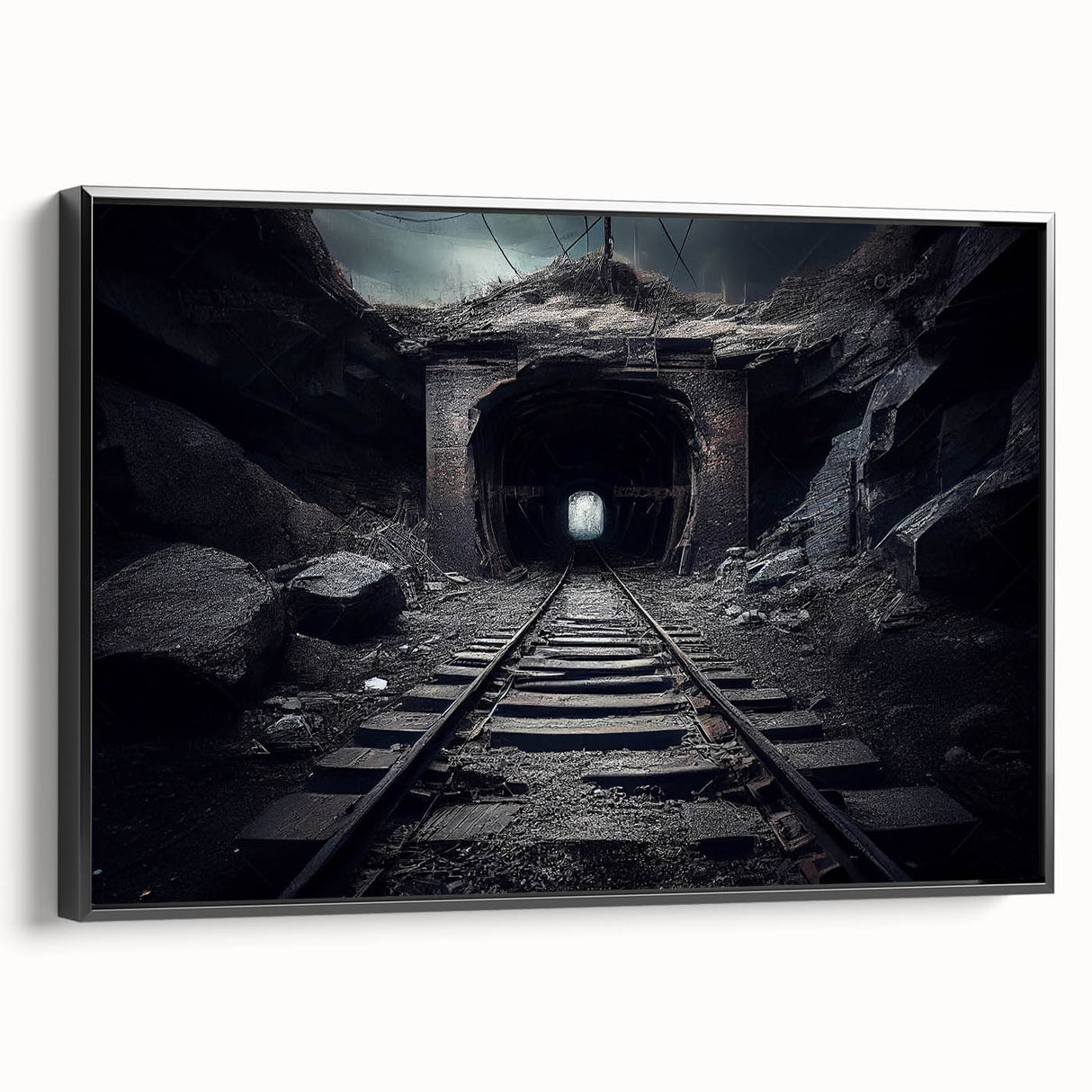 Framed canvas wall art featuring a stunning railroad landscape design, showcasing vibrant colors and intricate details, set against a sleek black frame, perfect for enhancing any living space.