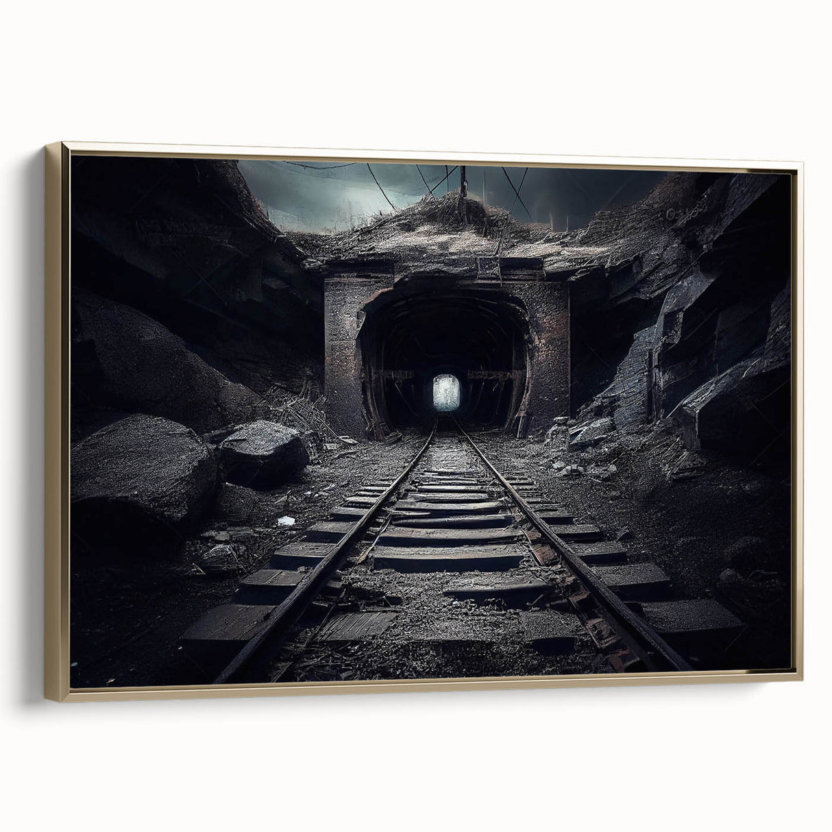 Framed wall art collection featuring a scenic railroad landscape design with gold accents, displayed from the side against a neutral background, ideal for home decor.