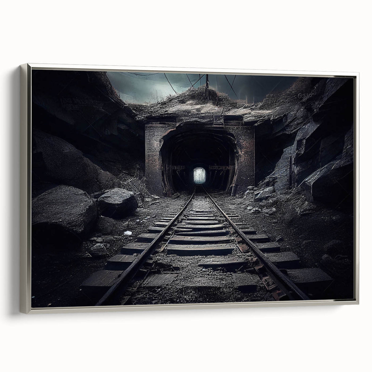 Framed canvas wall art showcasing a serene landscape with railroads, featuring a silver frame and vibrant colors, perfect for home decor and interior design.