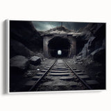 Framed canvas wall art collection showcasing scenic railroad landscapes in vibrant colors, displayed in a stylish white frame, ideal for home decor.