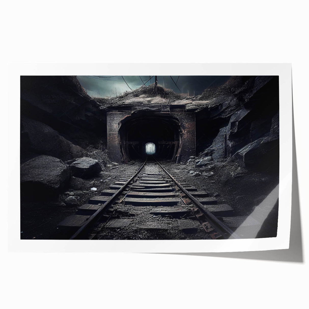 Rolled print of a serene landscape featuring a railroad track, framed by lush greenery and soft blue skies, perfect for enhancing home decor and creating a calming atmosphere.