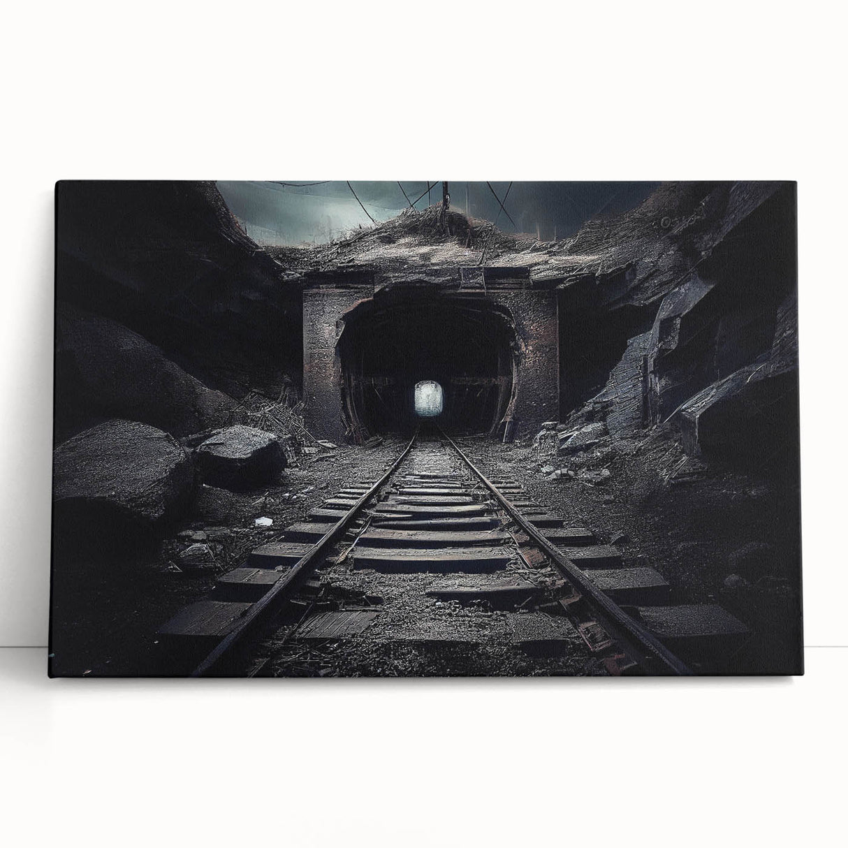 Stretched canvas artwork showcasing a vibrant railroad landscape design, featuring rich colors and detailed scenery, ideal for home decor and art enthusiasts.