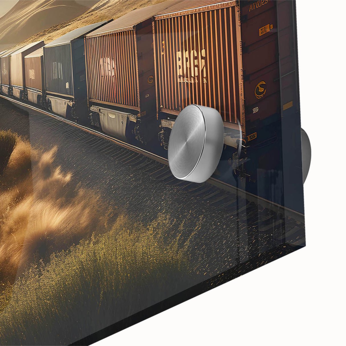 Close-up of a vibrant acrylic glass wall art piece showcasing a railroad landscape design, featuring intricate details and rich colors, perfect for home decor.