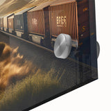 Close-up of a vibrant acrylic glass wall art piece showcasing a railroad landscape design, featuring intricate details and rich colors, perfect for home decor.