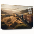 Acrylic glass wall art collection showcasing a vibrant railroad landscape design, displayed in a side view with pin mounts, perfect for modern home decor.