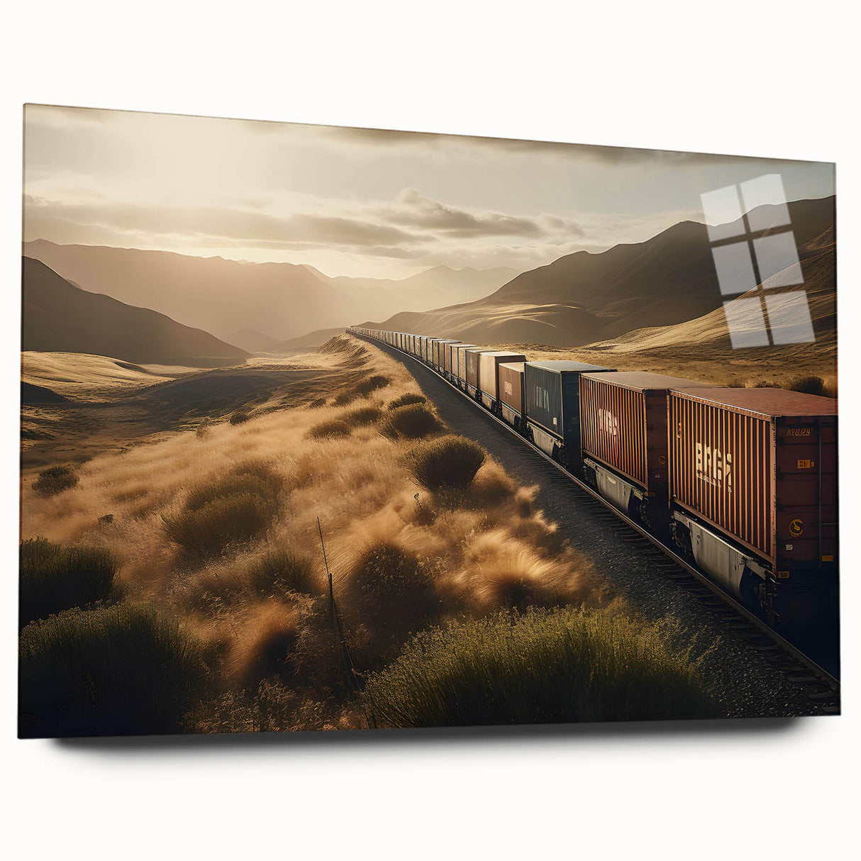 Acrylic glass wall art featuring a side view of a vibrant railroad landscape design, showcasing rich colors and intricate details, perfect for modern decor.