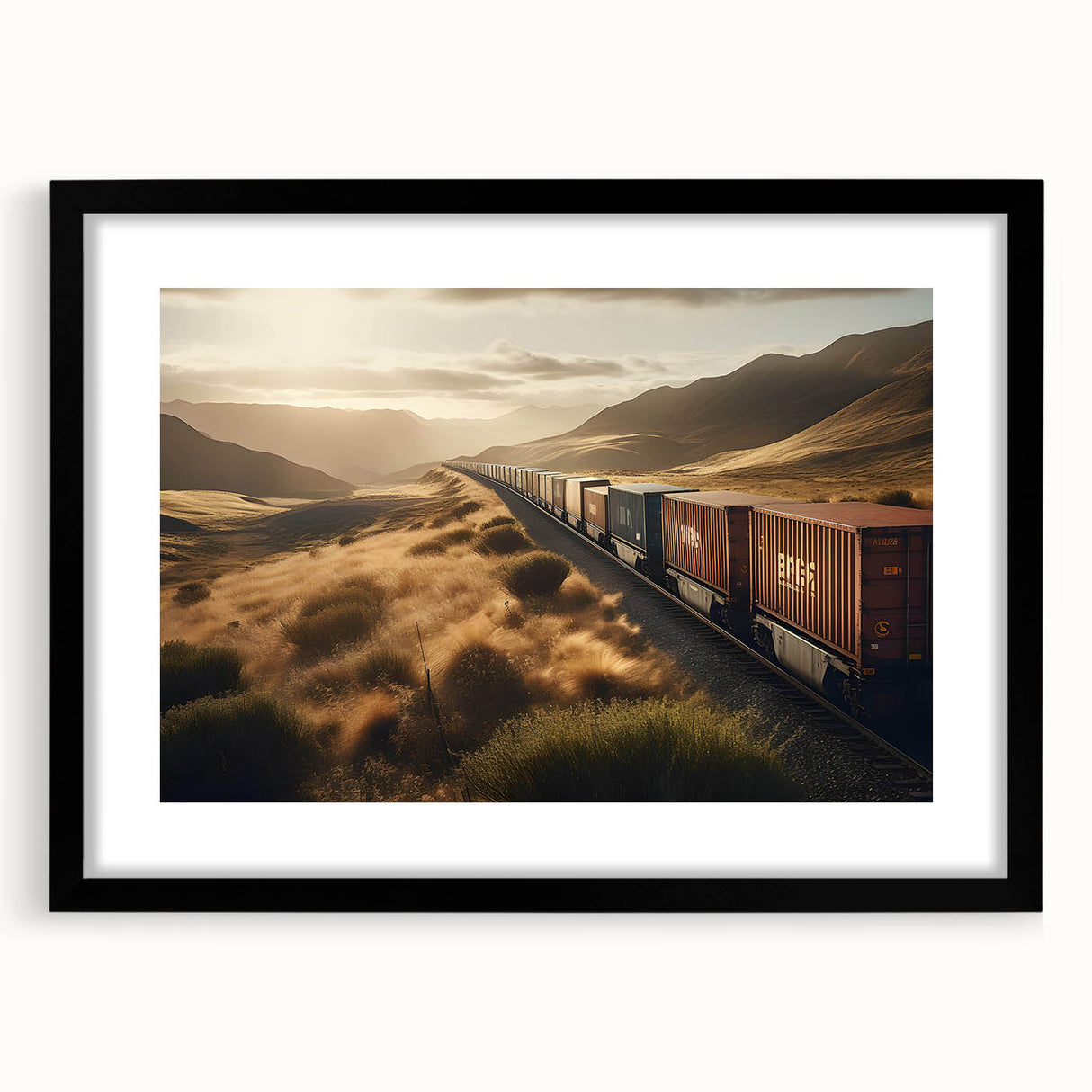 Framed wall art featuring a scenic landscape with a railroad design, set in a sleek black frame with a mat, ideal for enhancing home decor. Perfect for train enthusiasts and art lovers seeking a modern touch.