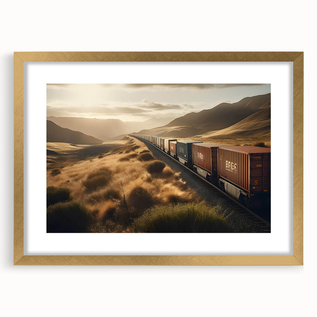 Framed wall art featuring a scenic landscape with railroads, highlighted by a gold mat and frame, ideal for enhancing modern home decor and art collections.