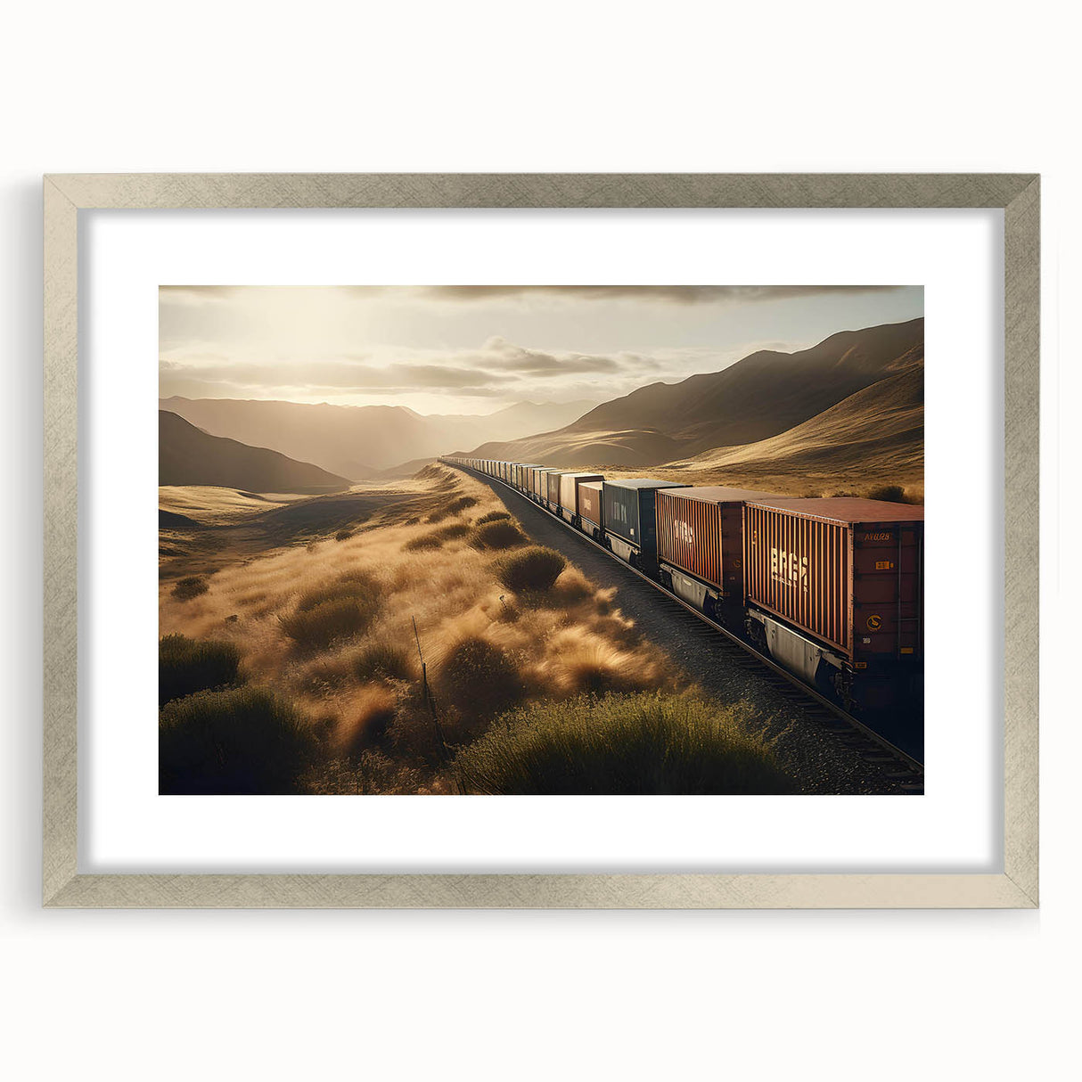 Framed wall art showcasing a serene railroad landscape design with a silver mat, perfect for enhancing home decor and adding a touch of elegance to any room.