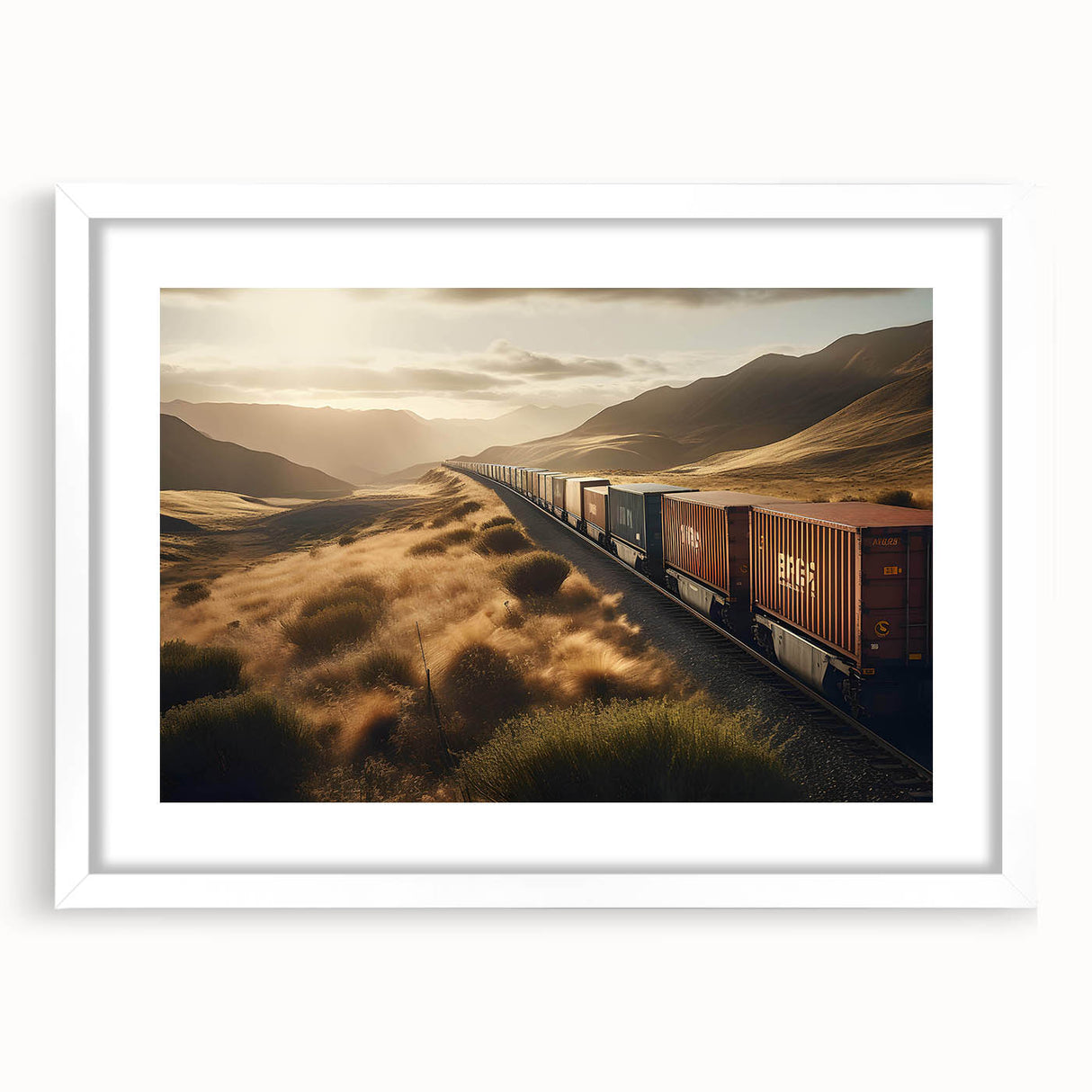 Framed wall art featuring a scenic landscape of railroads, designed for home decor with a white mat and sleek frame, enhancing modern interiors with its artistic appeal.