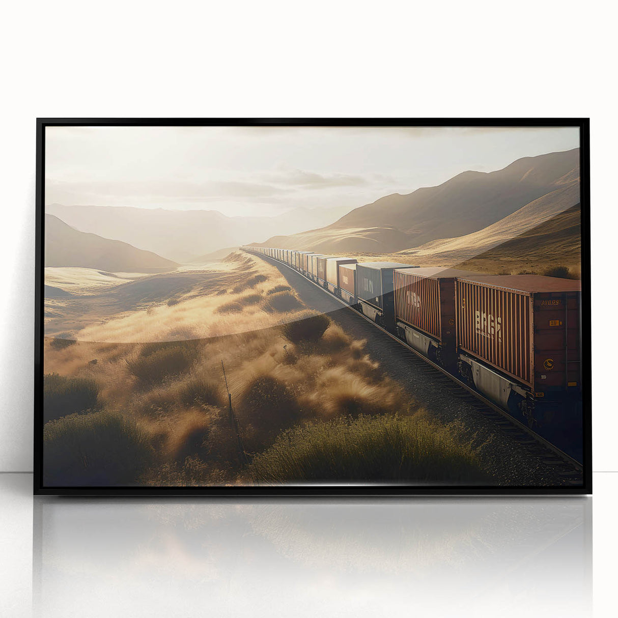 Framed acrylic wall art depicting a scenic railroad landscape design, featuring vibrant colors and intricate details, perfect for enhancing home decor.