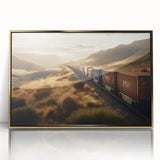 Framed wall art featuring a vibrant landscape design with railroad tracks, set in a gold-accented frame, perfect for enhancing home decor and adding character.