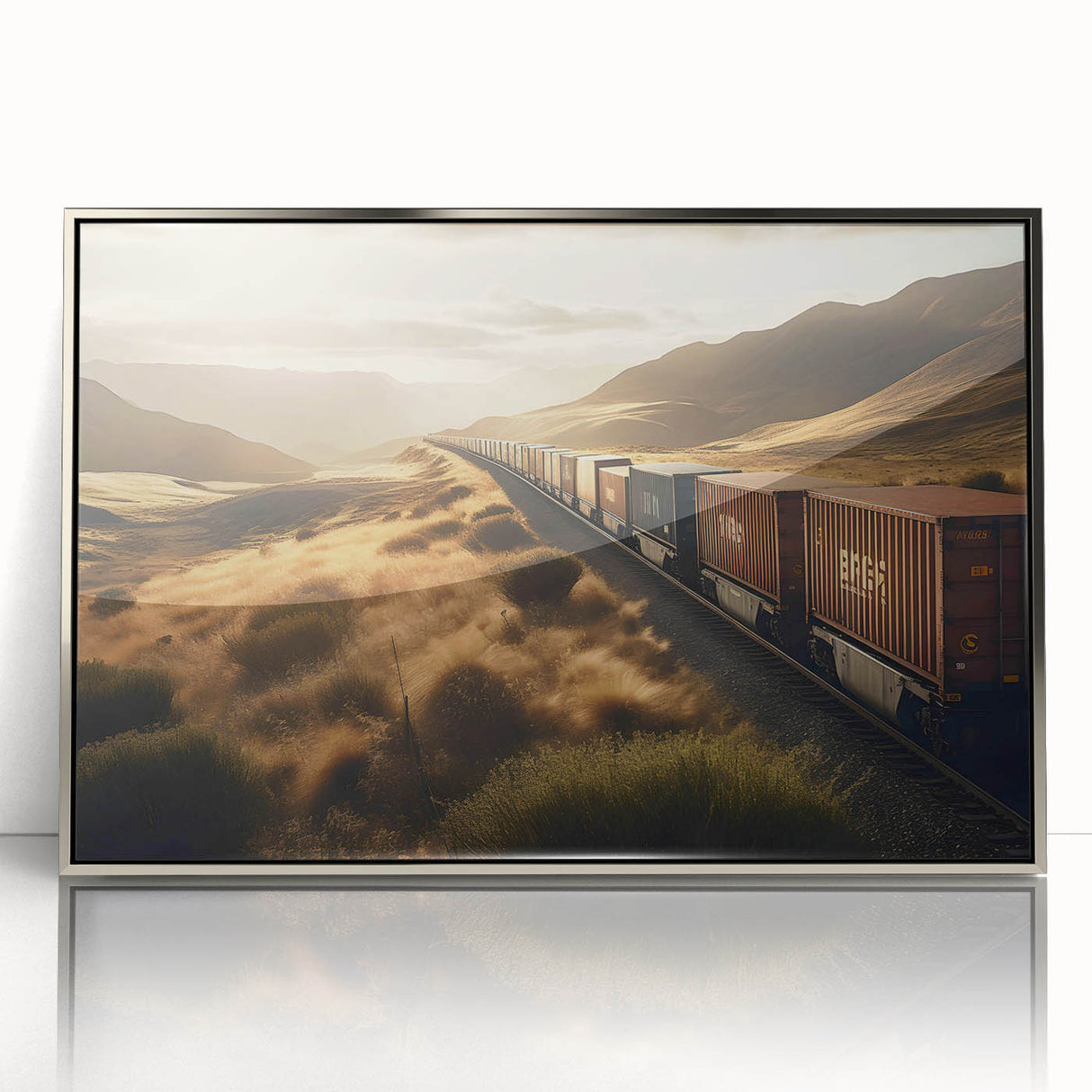 Framed acrylic wall art showcasing a detailed railroad landscape design, featuring vibrant colors and a sleek silver frame, ideal for modern home decor.