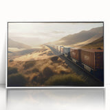 Framed acrylic wall art collection showcasing a vibrant railroad landscape design with a white border, perfect for enhancing contemporary home decor.