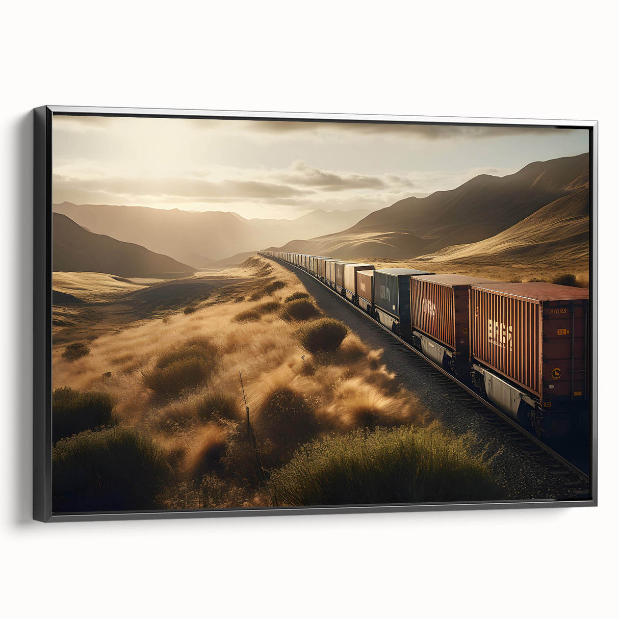 Framed black canvas wall art showcasing a scenic railroad landscape with vibrant colors and fine details, ideal for enhancing modern home decor.