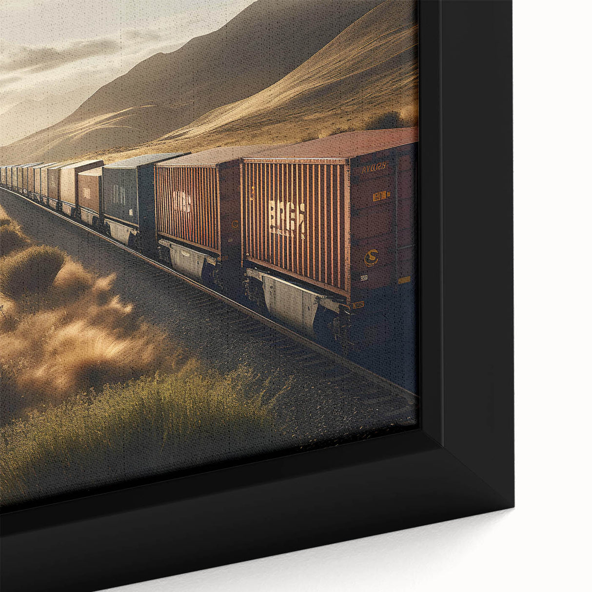 Framed canvas wall art showcasing a vibrant landscape with railroad tracks, highlighting rich colors and intricate details, perfect for home decor.