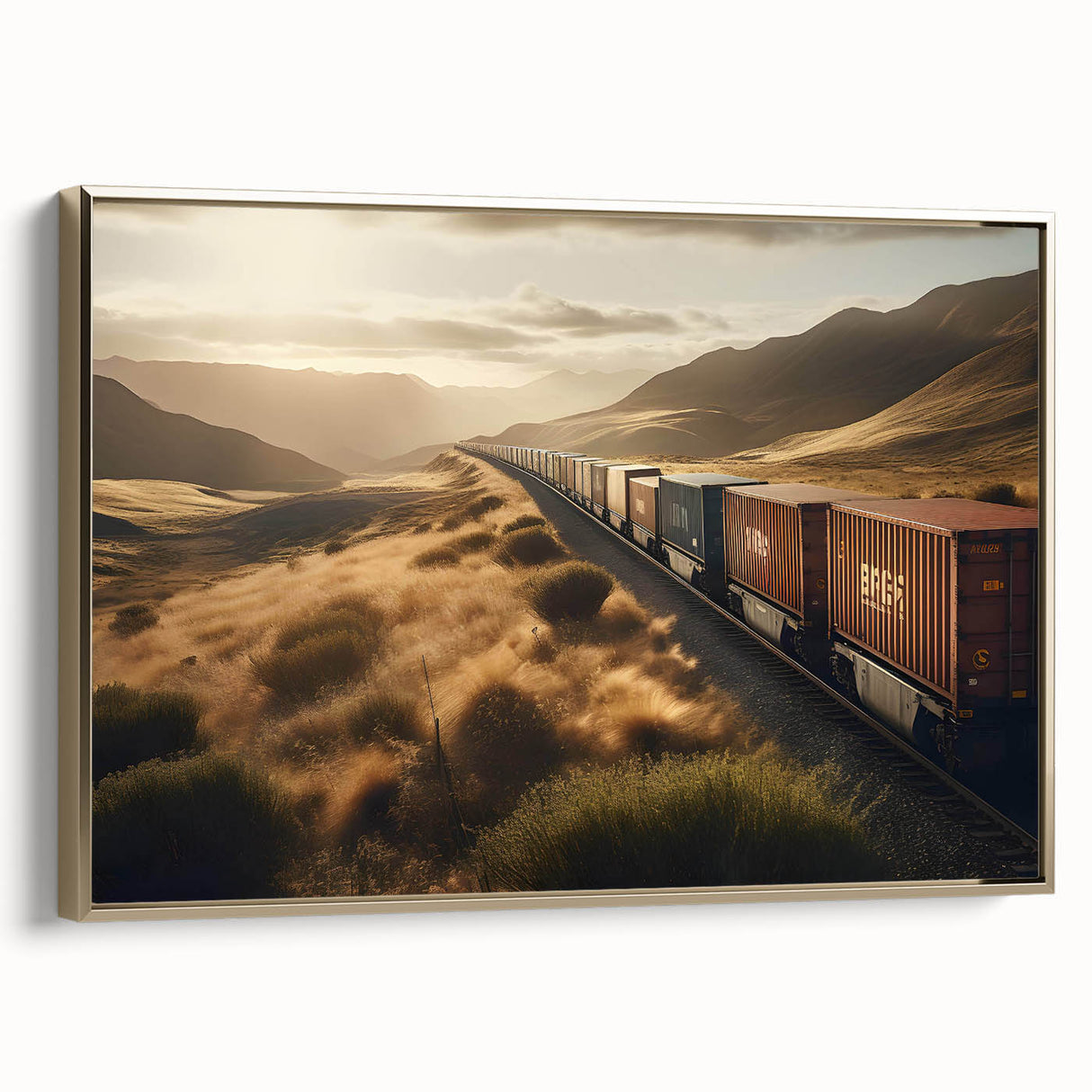 Framed canvas artwork showcasing a scenic railroad landscape design with vibrant colors and a gold frame, adding elegance to any wall decor.