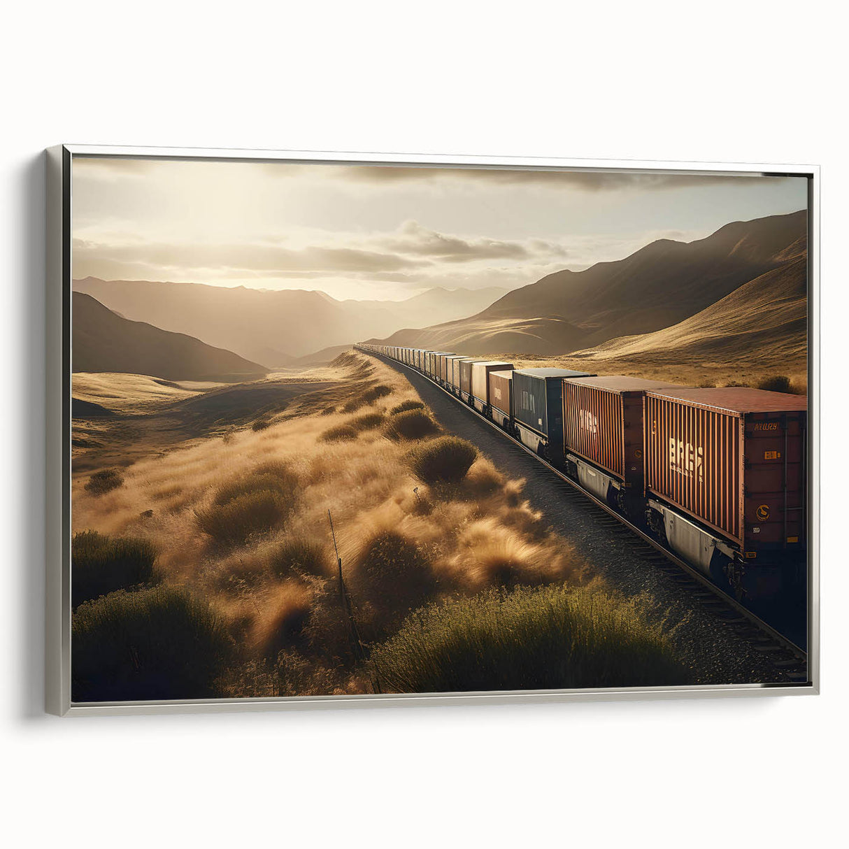 Framed canvas wall art depicting a serene railroad landscape, featuring rich colors of blue and green, elegantly showcased with a sleek silver frame, perfect for modern decor.