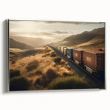 Framed canvas wall art depicting a serene railroad landscape, featuring rich colors of blue and green, elegantly showcased with a sleek silver frame, perfect for modern decor.